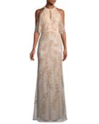 Embellished Sequin Cold-shoulder Gown