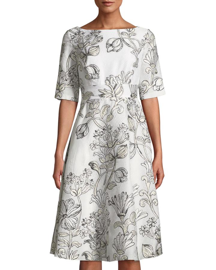 Floral Matelasse Elbow-sleeve Dress