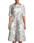 Floral Matelasse Elbow-sleeve Dress