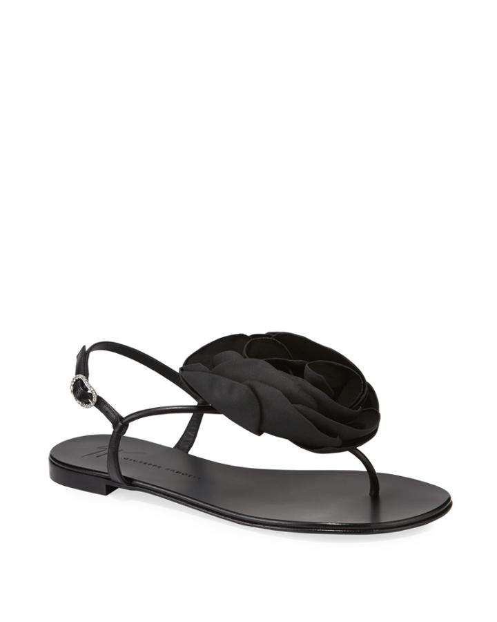 Leather Thong Sandals With Flower Detail