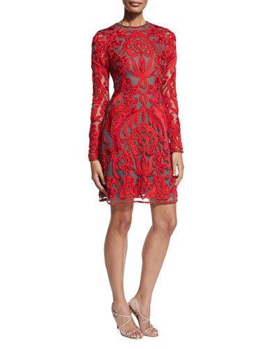 Lace Long-sleeve A-line Cocktail Dress, Red