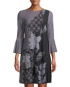 Bell-sleeve Floral-print Houndstooth
