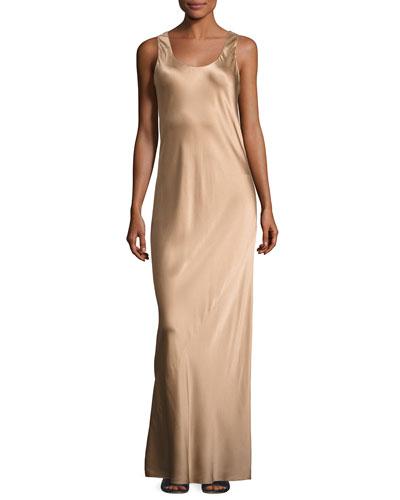 Bias-seam Sateen Maxi Dress, Camel