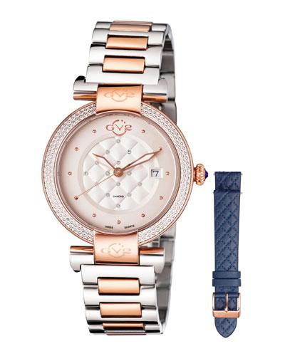 37mm Berletta Quilted Diamond Bracelet Watch, Rose/steel