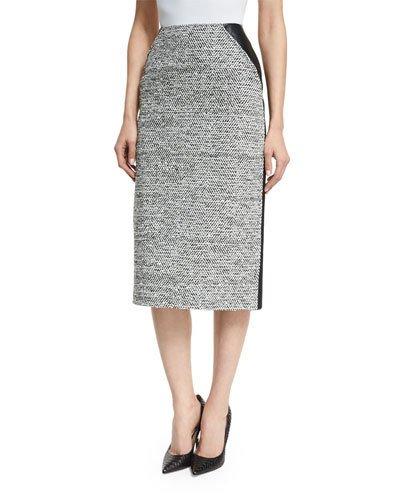 High-waist Tweed/leather Pencil Skirt, Black/ivory