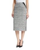 High-waist Tweed/leather Pencil Skirt, Black/ivory