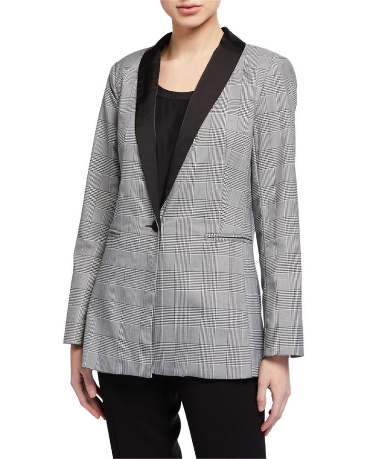 Shawl-collar One-button Houndstooth Plaid Blazer