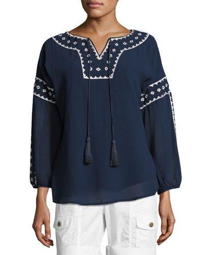 Arlene Embroidered-trim Tunic, Navy