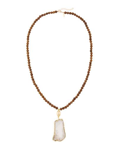 Long Stone-beaded Necklace W/ Druzy Pendant, Bronze