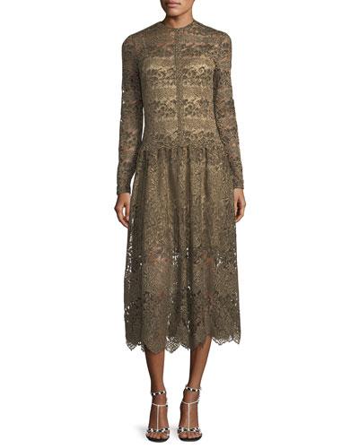 Long-sleeve Lace Fit-and-flare Dress