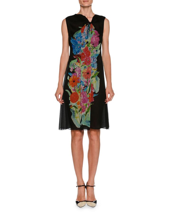 Sleeveless A-line Silk Chiffon Dress W/ Floral-print