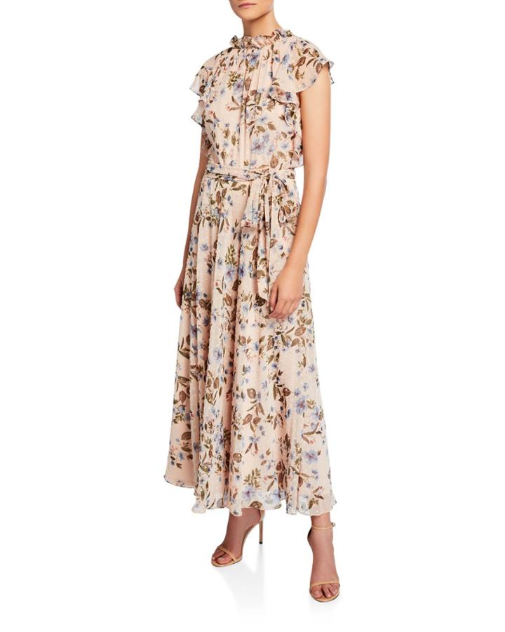 Floral-printed Swiss Dot Ruffle Cap-sleeve