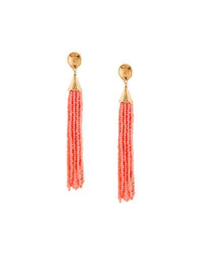 Long Seed Bead Tassel Earrings, Coral