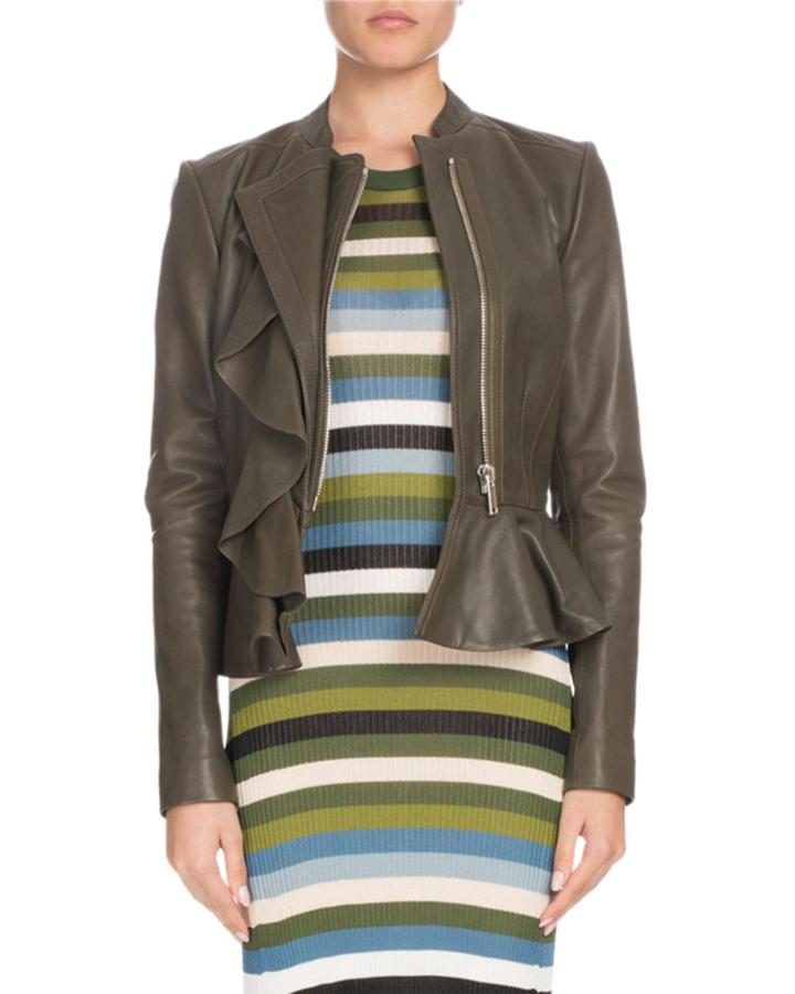 Zip-front Peplum Calf Leather Jacket W/ Ruffled Frills