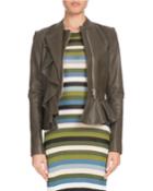 Zip-front Peplum Calf Leather Jacket W/ Ruffled Frills