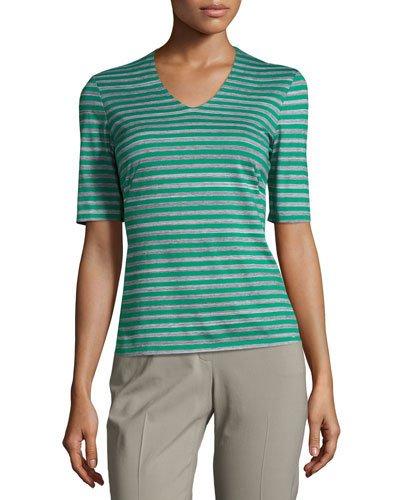 Striped Framed V-neck Top, Green