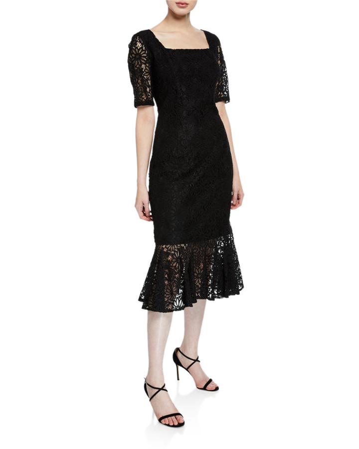 Lace Midi Sheath Flounce-hem Dress