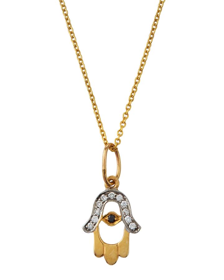 14k Gold Hamsa Cutout Charm Necklace W/ Diamonds,