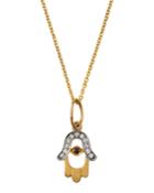 14k Gold Hamsa Cutout Charm Necklace W/ Diamonds,