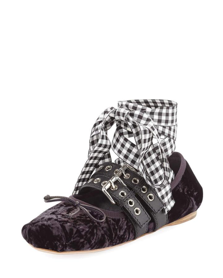 Velvet Ankle-tie Ballerina Flat