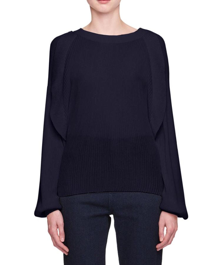 Crewneck Long-sleeve Pleated Silk Cotton