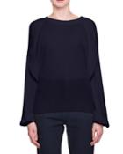 Crewneck Long-sleeve Pleated Silk Cotton