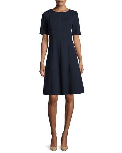 Seamed Short-sleeve Fit & Flare Dress, Black