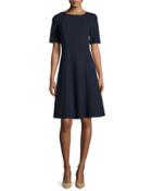 Seamed Short-sleeve Fit & Flare Dress, Black