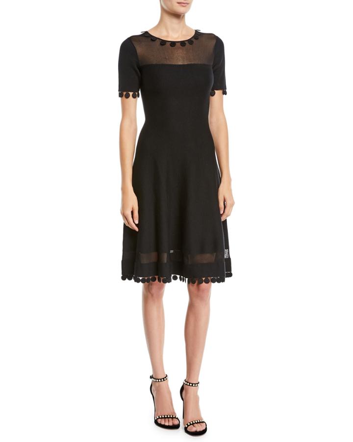 Short-sleeve Pompom Knit Day Dress W/