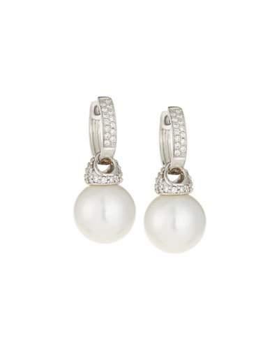 14k White South Sea Pearl & Diamond Pave Hoop Earrings