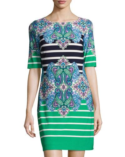 Mixed-print Half-sleeve Shift Dress, Blue Pattern