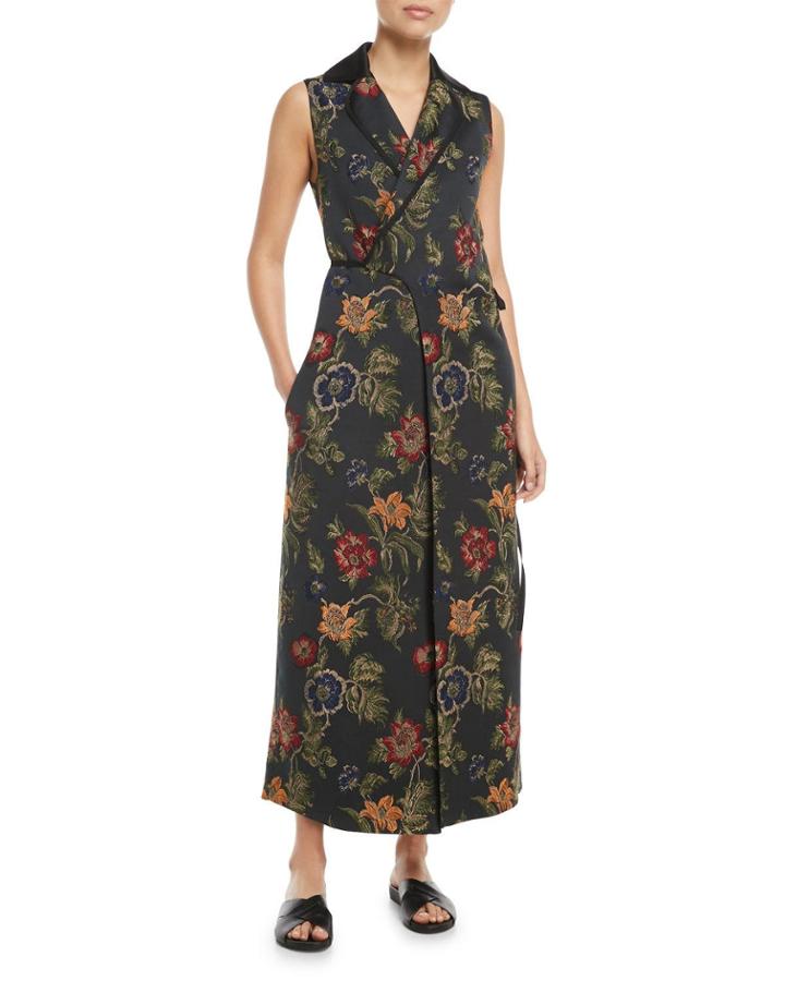 Sleeveless Floral Satin Jacquard Wrap Vest