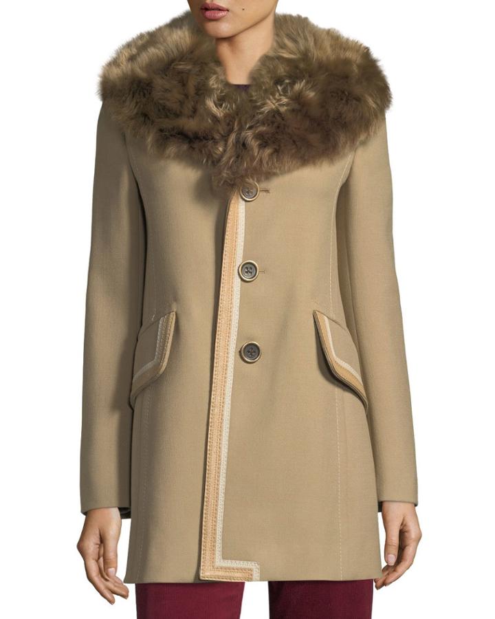 Double-face Wool Coat W/shearling Fur Trim