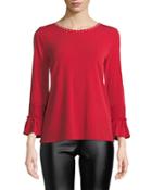 Pearlescent-trimmed Bell-cuff Blouse, Red