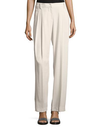 Silk-blend Pleat-front Fluid Pants, Beige