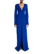 Deep V-neck Long-sleeve Flare Crepe Evening Gown