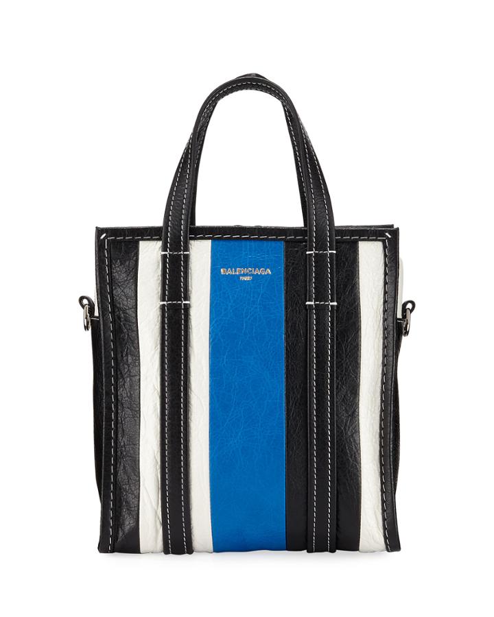 Striped Leather Shopper Tote Bag