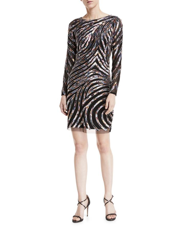 Metallic Beaded Long-sleeve Cocktail Dress