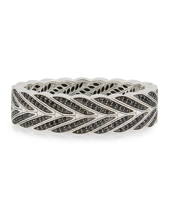 Modern Chain Silver Large Hinged Bangle With Black Sapphire,