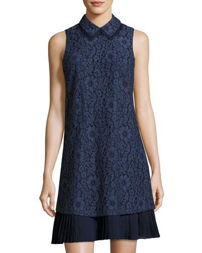 Pleated-hem Lace Shift Dress, Blue