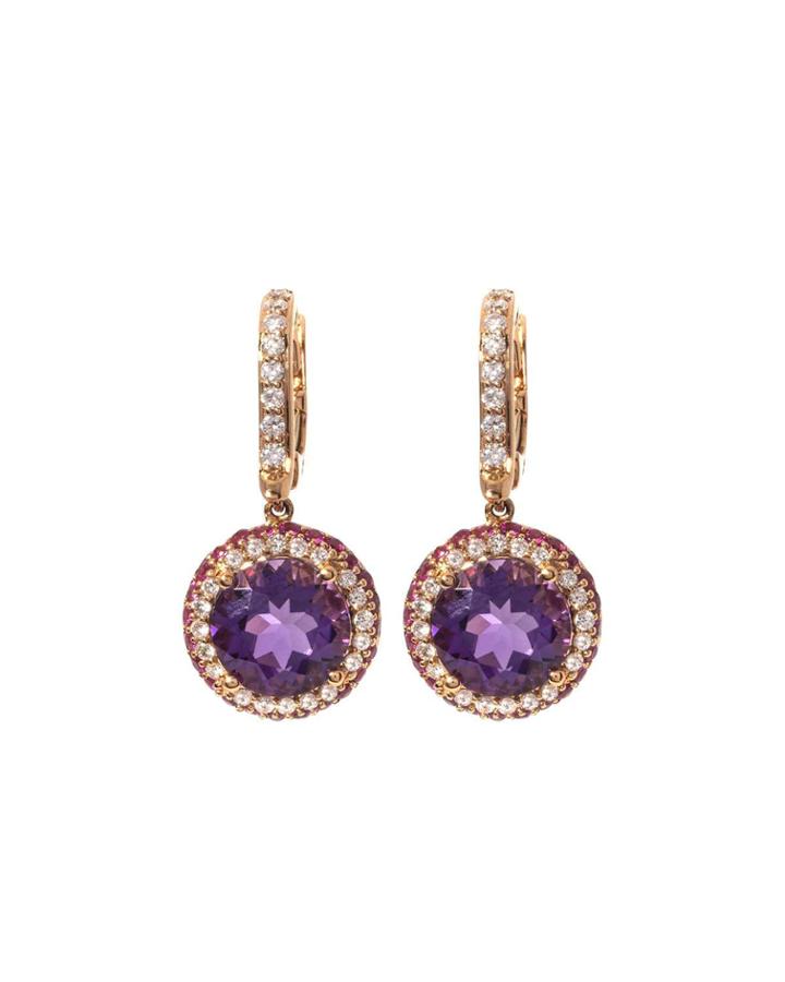 18k Rose Gold Diamond And Amethyst Round Drop Earrings