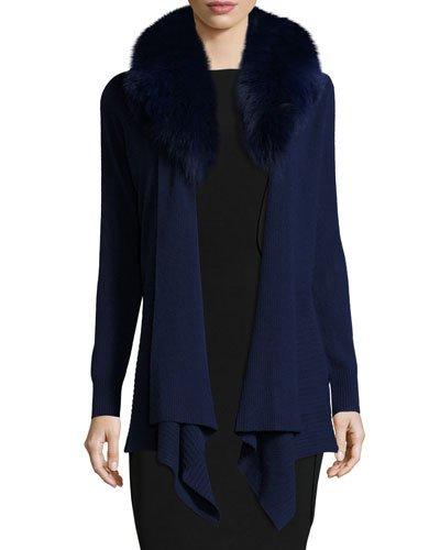 Cascade Cardigan With Removable Fur Collar, Dark Navy