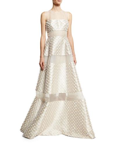 Sheer Striped Fringe Sleeveless Gown, White