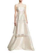 Sheer Striped Fringe Sleeveless Gown, White