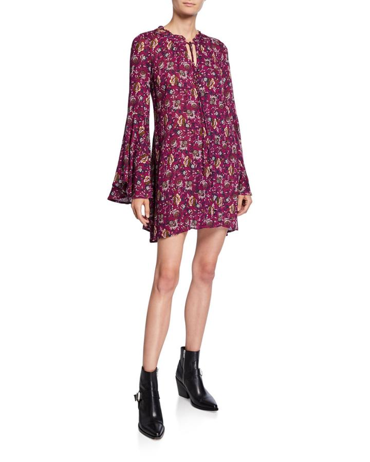 Floral Bell-sleeve Tie-neck Dress