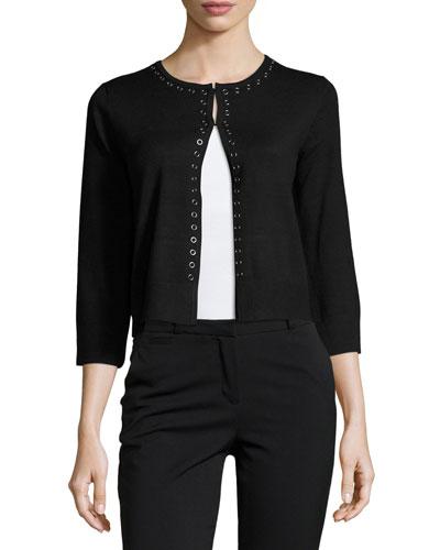 3/4-sleeve Grommet-trim Cardigan