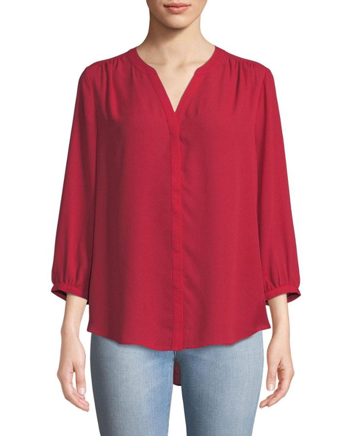 3/4-sleeve Pintuck-back Chiffon Blouse