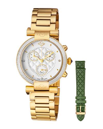 37mm Berletta Quilted Diamond Bracelet Watch, Gold/green