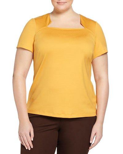 Framed Square-neck Short-sleeve Top, Amber,