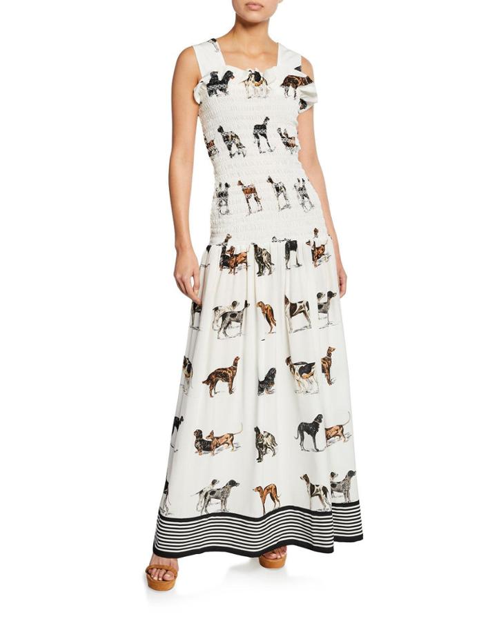 Dog Print Smocked Silk Drop Waist Dress